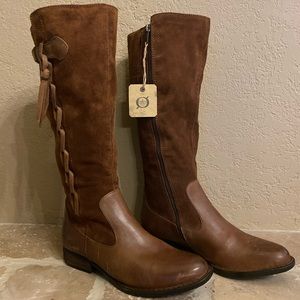 Born Cook Knee-High Distressed Leather/Suede Braided Riding Boots in Rust Brown